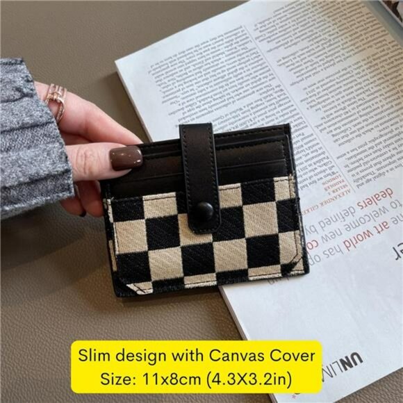 Slim Checkered Wallet for Women Canvas Card Holder with ID Window and Cash Slot - Picture 4 of 7